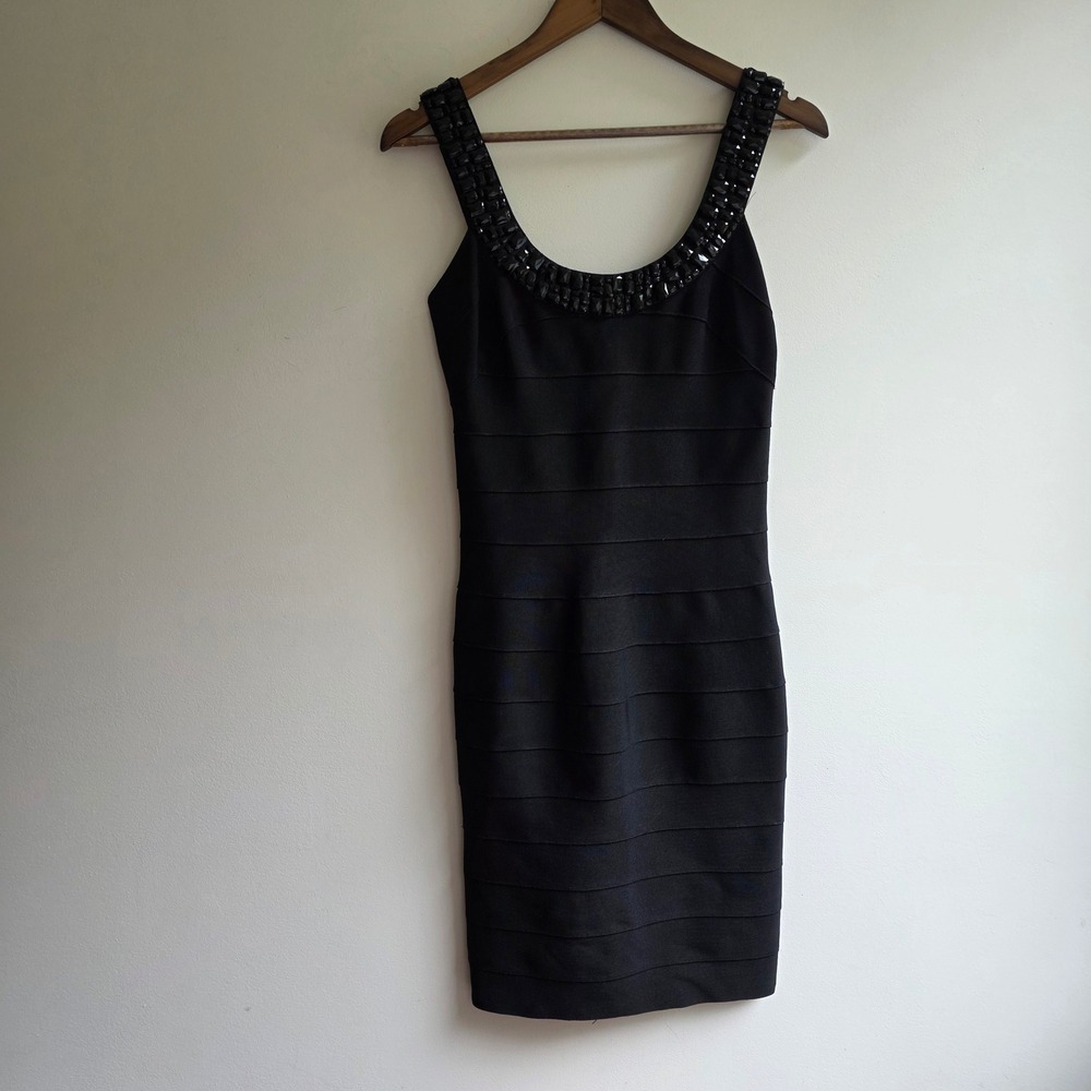 Carmen Marc Valvo Y2K Black Beaded Bandage Dress Small Jewel Neck‎ Bodycon Lux